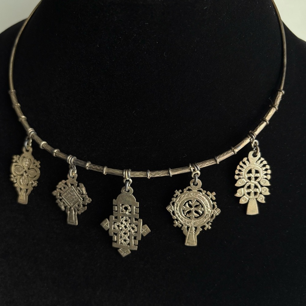Vintage Sterling silver Hand wrought Multi Cross Charm Choker collar necklace - Picture 2 of 16